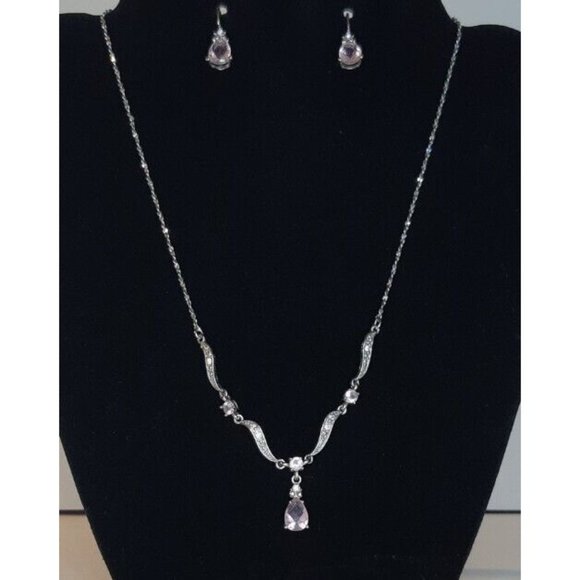 Women's Silver Toned Pink Stone Necklace And Earring Bridal Set - Picture 1 of 16